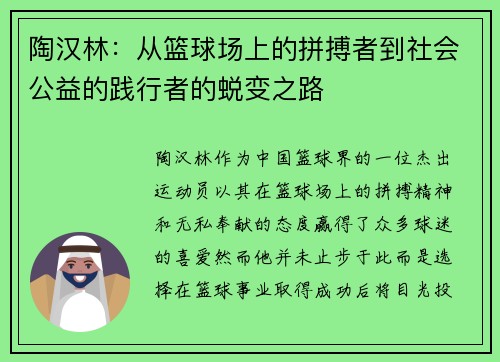 陶汉林：从篮球场上的拼搏者到社会公益的践行者的蜕变之路